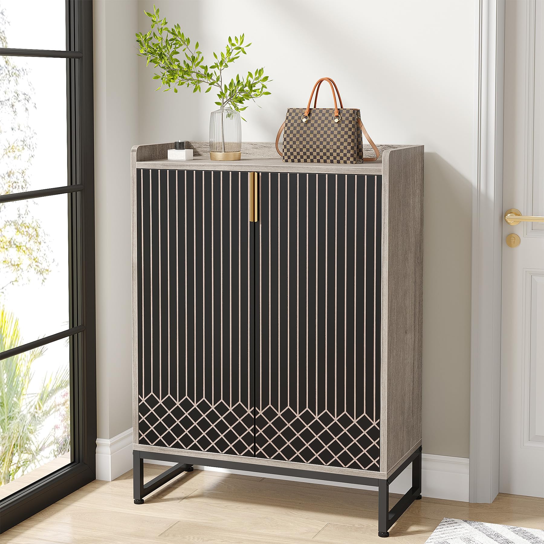 Tribesigns Modern Shoe Cabinet for Entryway, 25 Pairs Shoe Cabinet with Doors, Wood 5-Tier Shoe Organizer, Freestanding Brown Shoe Storage Cabinets with Black Metal Frame for Bedroom Living Room