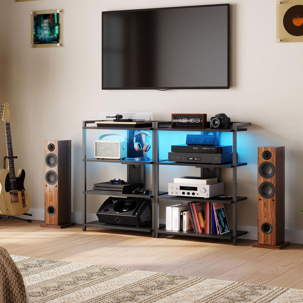 HOOBRO Game Console Shelf, 4-Tier Video Gaming Consoles Stand with Outlet & RGB Light, Audio Rack Tower for Turntable, Stereo Equipment, Wooden Entertainment Storage Stand, Black BB38UDCJ01