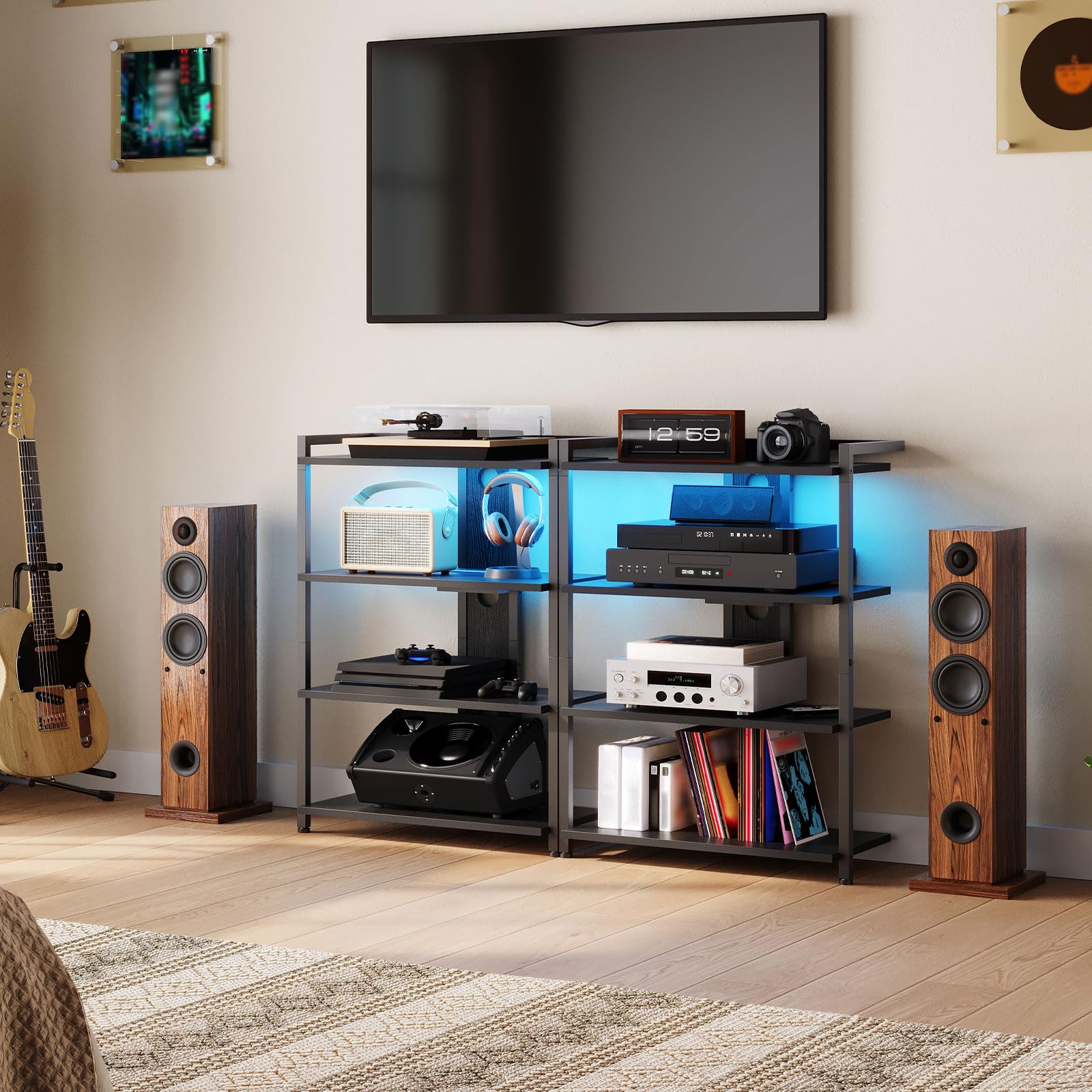 HOOBRO Game Console Shelf, 4-Tier Video Gaming Consoles Stand with Outlet & RGB Light, Audio Rack Tower for Turntable, Stereo Equipment, Wooden Entertainment Storage Stand, Black BB38UDCJ01