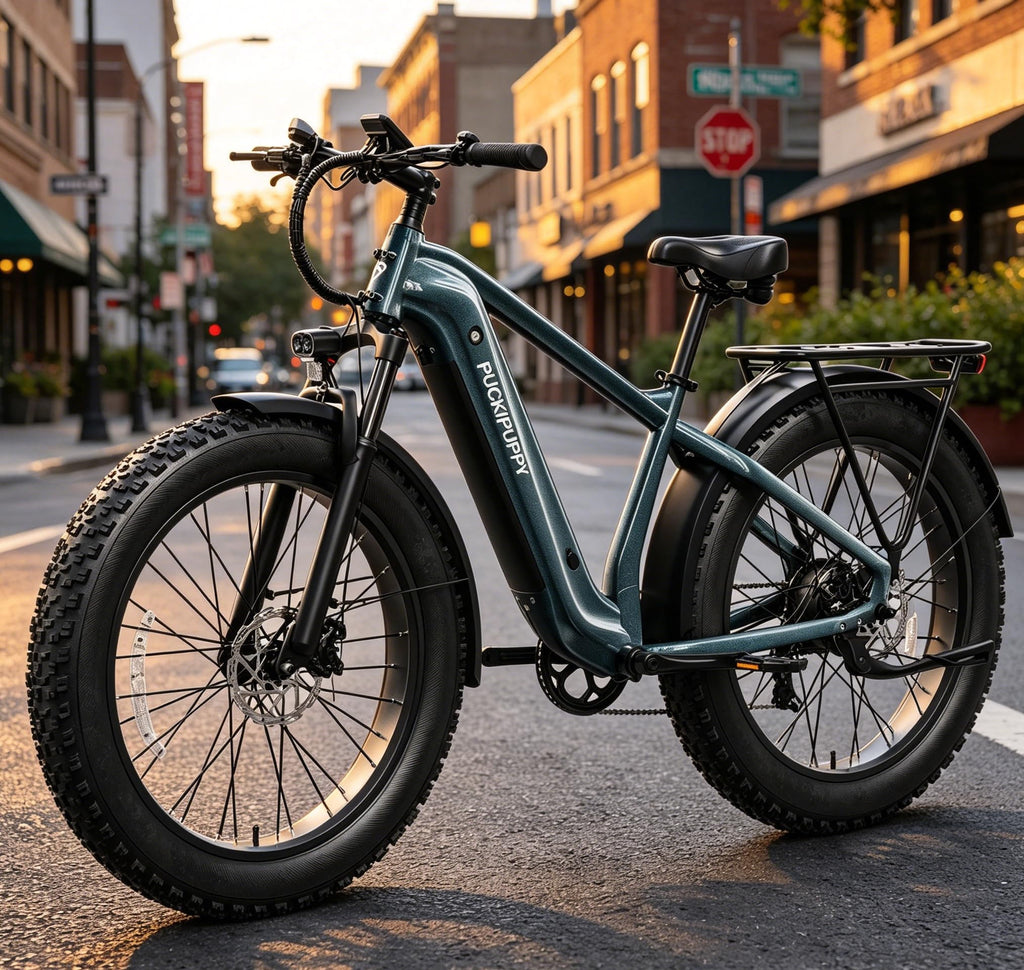 PUCKIPUPPY Electric Bike for Adults with 960W(Peak), 26" Fat Tire Electric Mountain Bike, 48V 15AH Removable Battery Ebike, 28MPH Aluminum Frame E Bike with Rear Storage Shelf