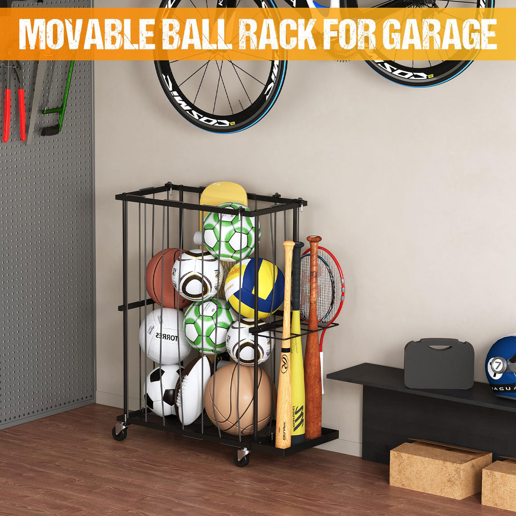 Hencawima Garage Ball Storage: Round Sports Equipment Organizer with Wheels, Sports Ball Rack With Elastic Rope, Ball Holder for Basketball, Soccer, Volleyball, Football, Garage, Gym, Outdoor (Black)