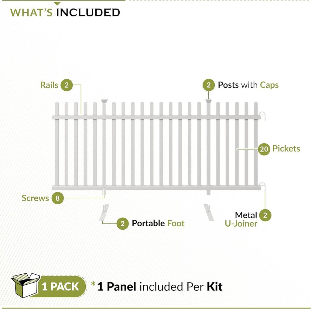3.5ft H x 7.6ft W (1 Panel) Freestanding Zippity Lightweight Portable Fence Kit, White Vinyl Picket Panel, Portable Outdoor & Indoor Barrier for Temporary Events, Easy Install for Backyard ZP19026