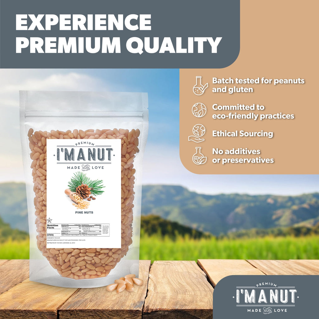 Premium Raw Pine Nuts 8oz Non-GMO, No Additives Batch Tested Gluten & Peanut Free, Resealable Pouch for Freshness, Unsalted Pine Nuts - Perfect for Pesto, Salads, Gourmet Cooking and Baking