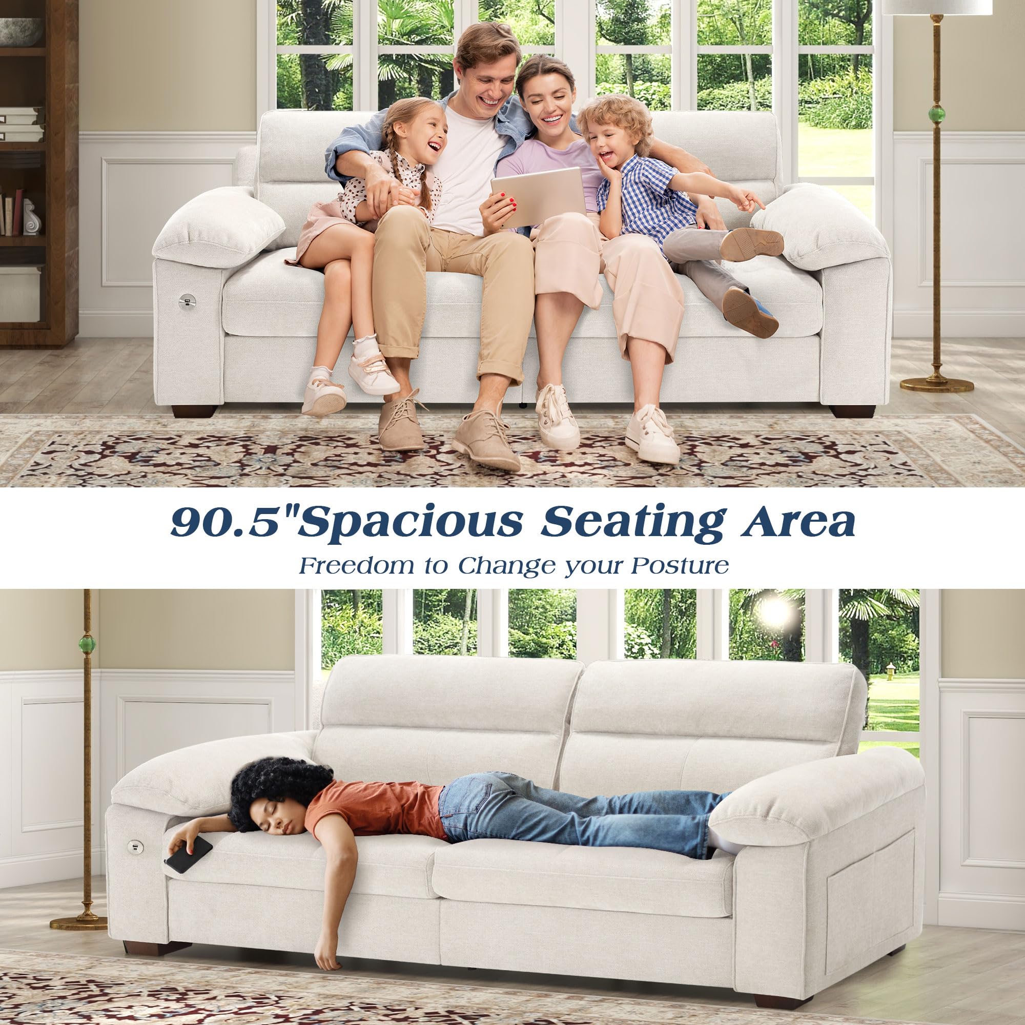 WorthFurni Sofas for Living Room, Chenille Loveseat Couch Set, Small Sofa, 3 Seater Sofa, USB Charging, Removable Sofa Cover,Solid Wood Frame, Easy to Install(70inch,Beige)