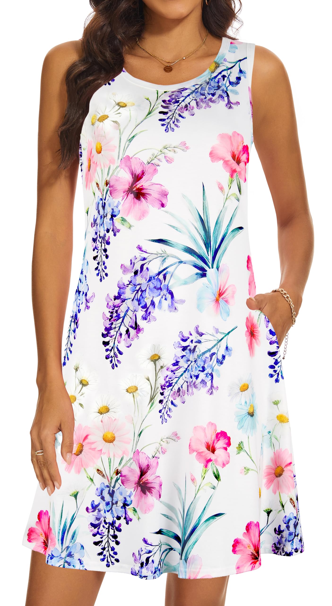 Summer Dresses for Women 2026 Casual Sundresses Beach Cover Ups Sleeveless Tshirt Swing Dress with Pockets