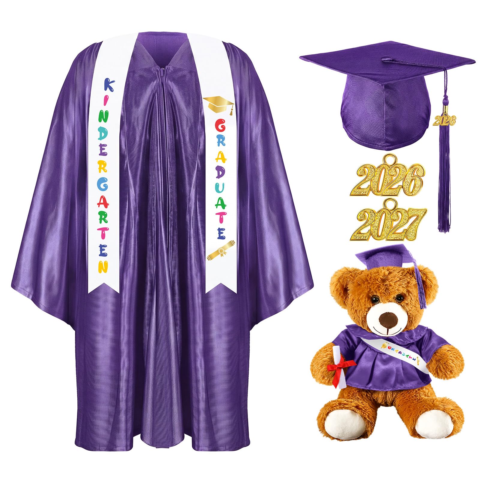 Sintuff 7 Pcs Kindergarten Preschool Graduation Cap and Gown with Bear Gifts 2026 Grad Stole Tassel Sash for Toddler Kids