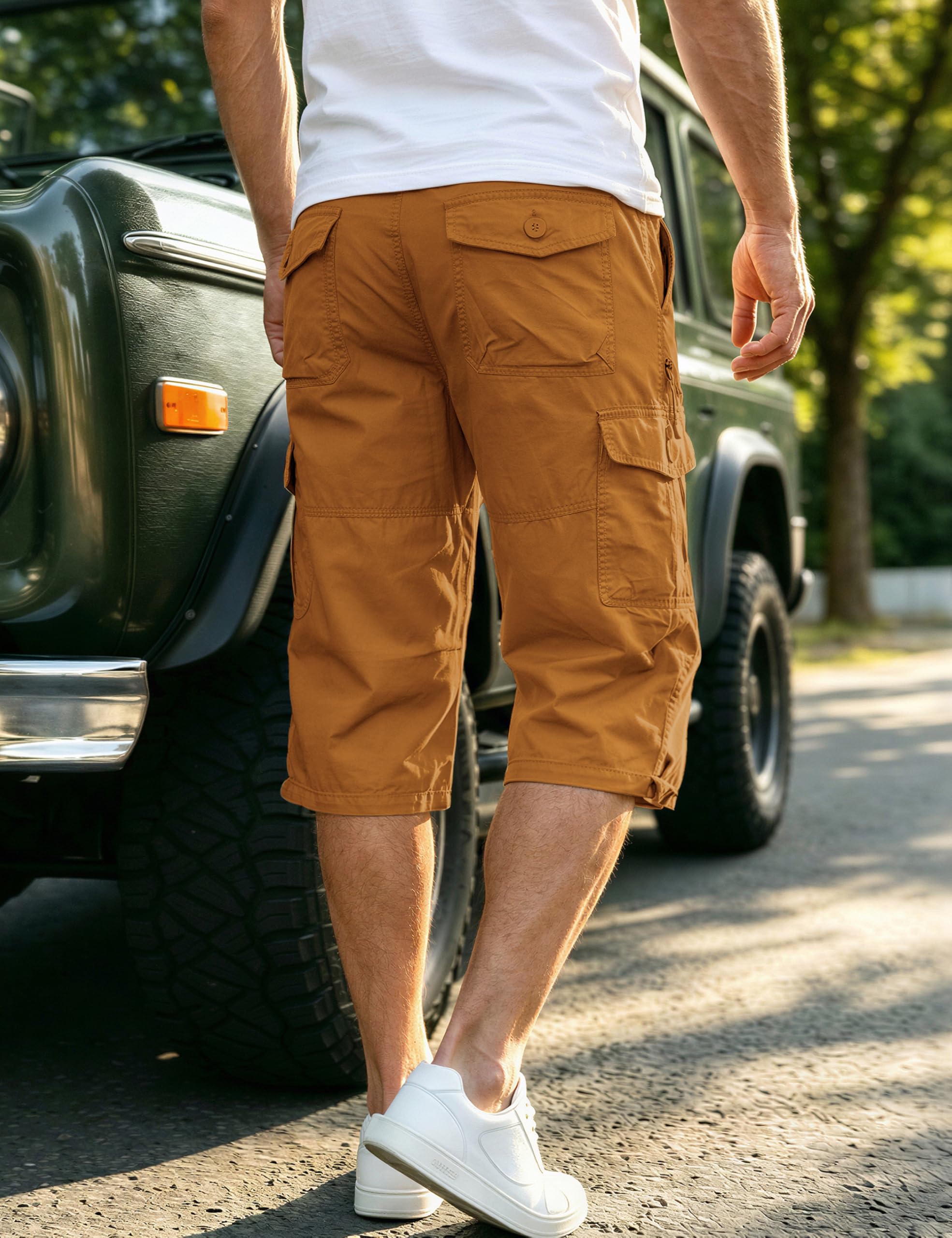 EKLENTSON Men's Cargo Shorts Casual Twill Elastic 3/4 Capri Pants Below Knee Long Shorts with 7 Pockets