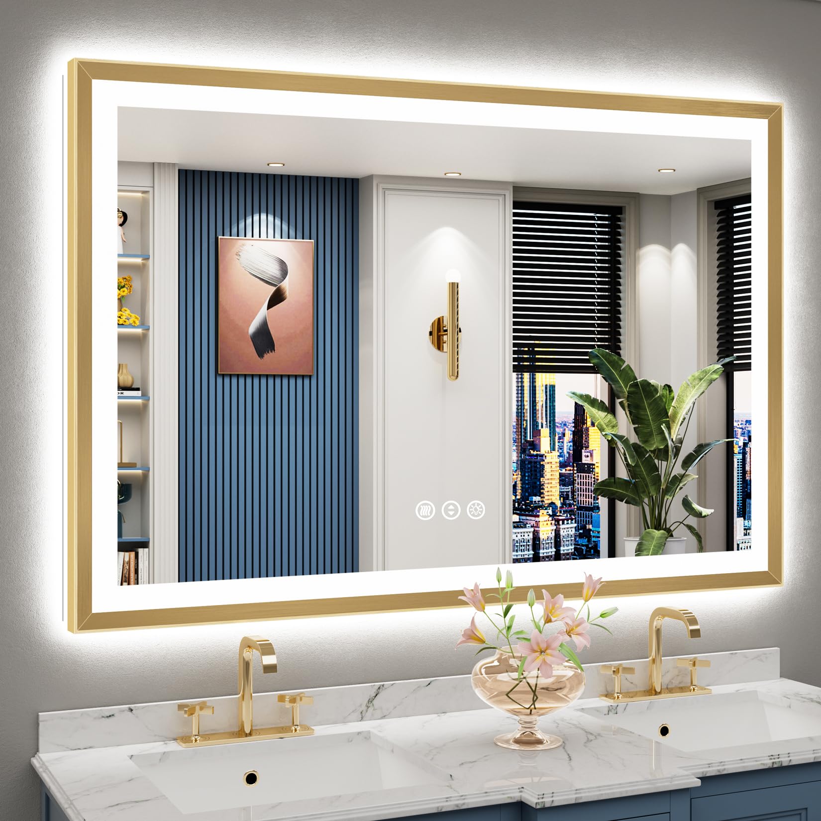 24x36 Gold Beveled LED Bathroom Mirror with Lights, Brushed Gold Framed Backlit and Front Lit Anti-Fog Lighted Vanity Mirrors for Bathroom Wall, Dimmable, 3 Colors, Memory, HD Tempered Glass