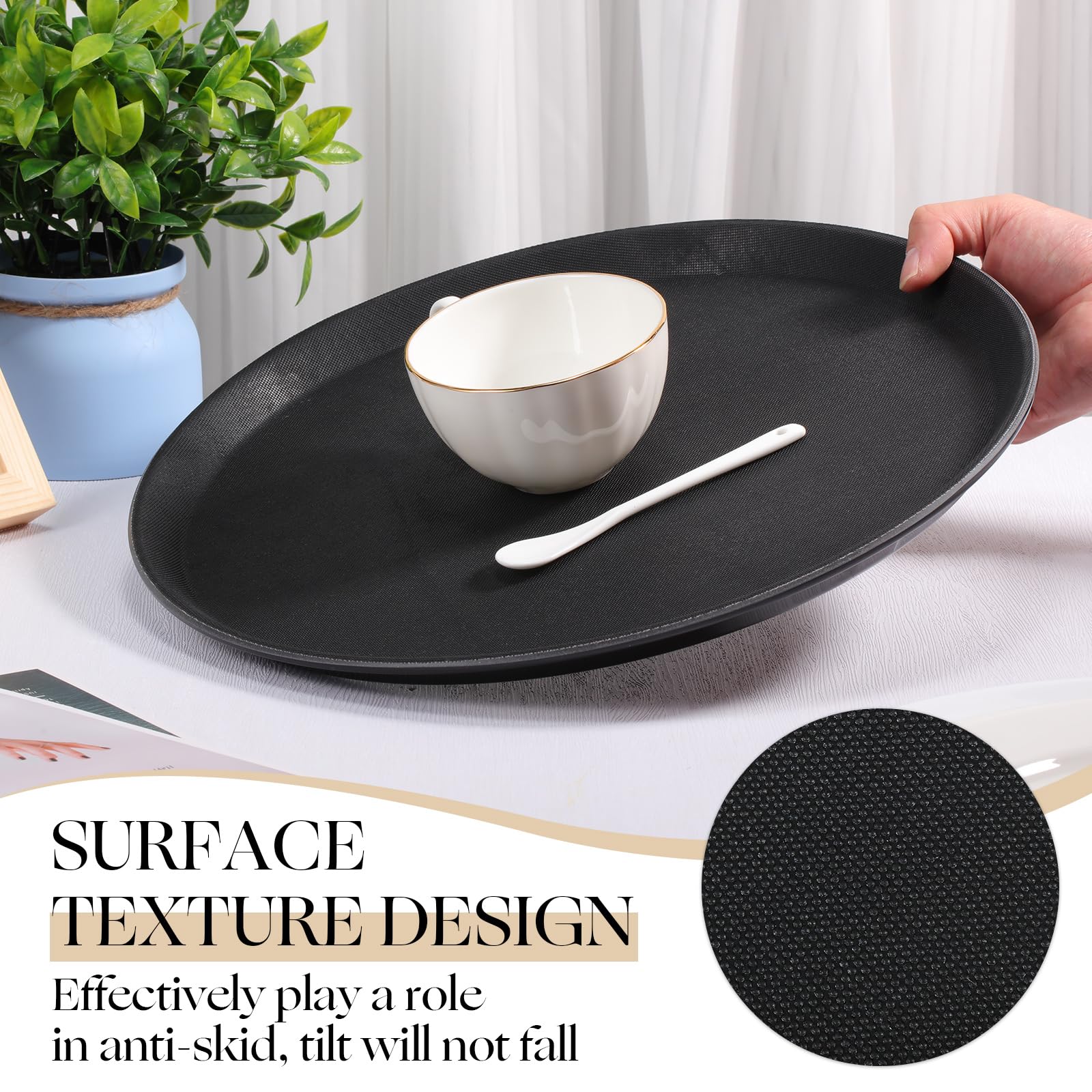 Zopeal 2 Pieces Black Round Restaurant Serving Tray, Plastic Non Slip Surface Food Meals Server Tray with Raised Edges for Home, Kitchen, Restaurant, Cafeteria, Bar (11")