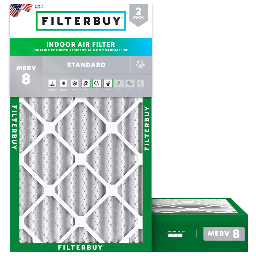 Filterbuy 8x14x1 Air Filter MERV 8 Essential Dust & Allergy Defense (2-Pack), Electrostatic Pleated HVAC AC Furnace Filters Replacement, Made in USA (Actual Size: 7.50 x 13.50 x 0.75)