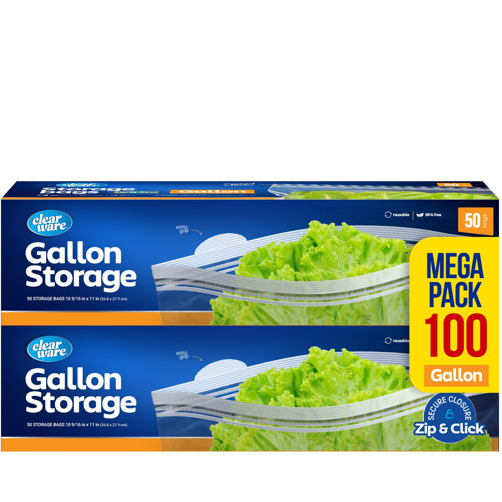 Gallon Storage Bags, Double Zipper Seal - 100 Count, Reusable Thick Food Plastic Storage Bags - Microwave-Safe, Zero BPA - Resealable Containers for Lunch, Snacks, Meals - 2 Boxes