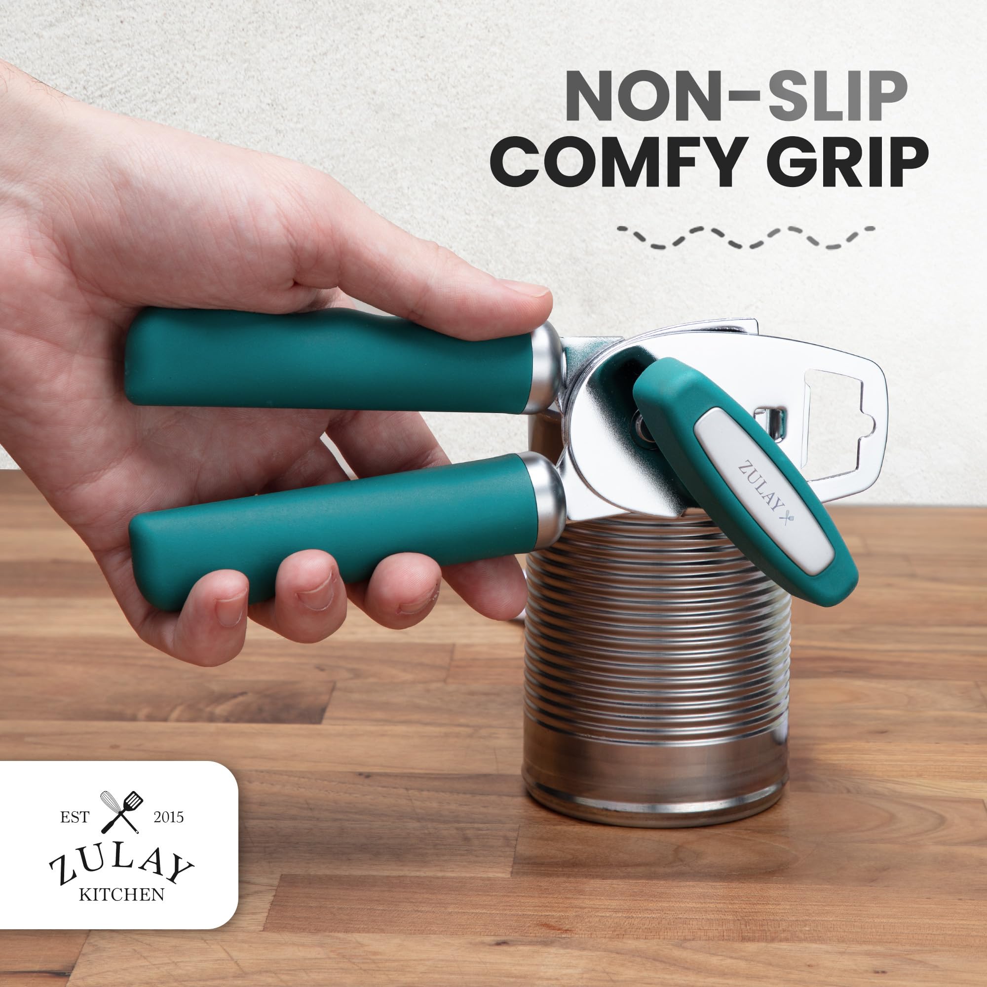 Zulay Kitchen Heavy Duty Stainless Steel Can Opener Manual with Bottle Opener - Rust Proof Manual Can Opener With Turn Knob & Comfy Soft Grip Handles - Airy Lilac