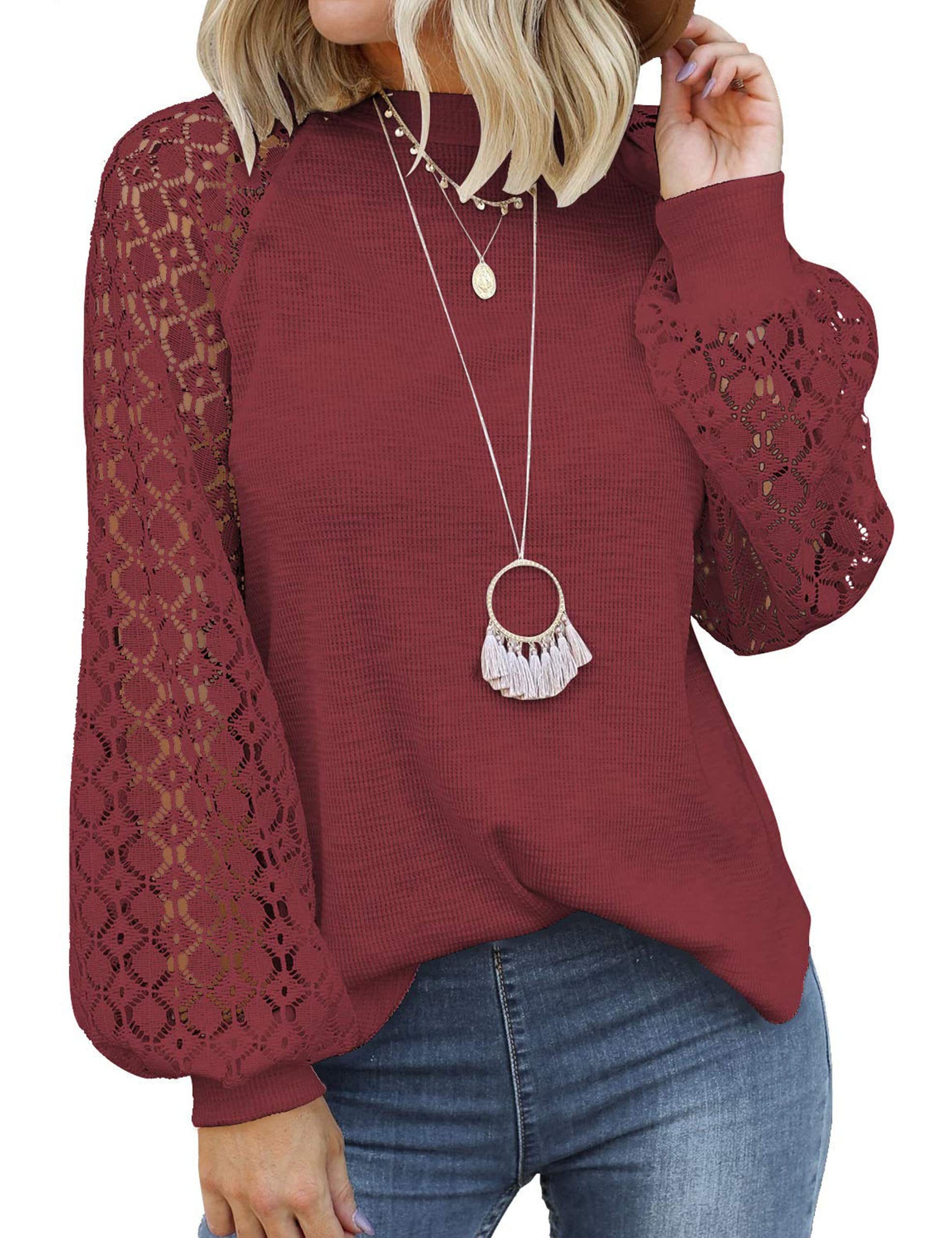 MIHOLL Women's Long Sleeve Tops Lace Casual Loose Blouses Shirts Dressy Outfits