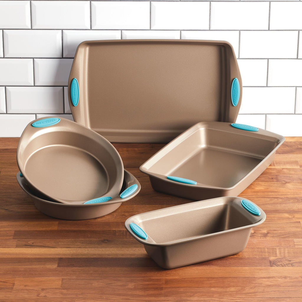 Rachael Ray Cucina Bakeware Set Includes Nonstick Cake Cookie Baking Sheet and Muffin Cupcake Pan, 4 Piece, Latte Brown with Agave Blue Grips