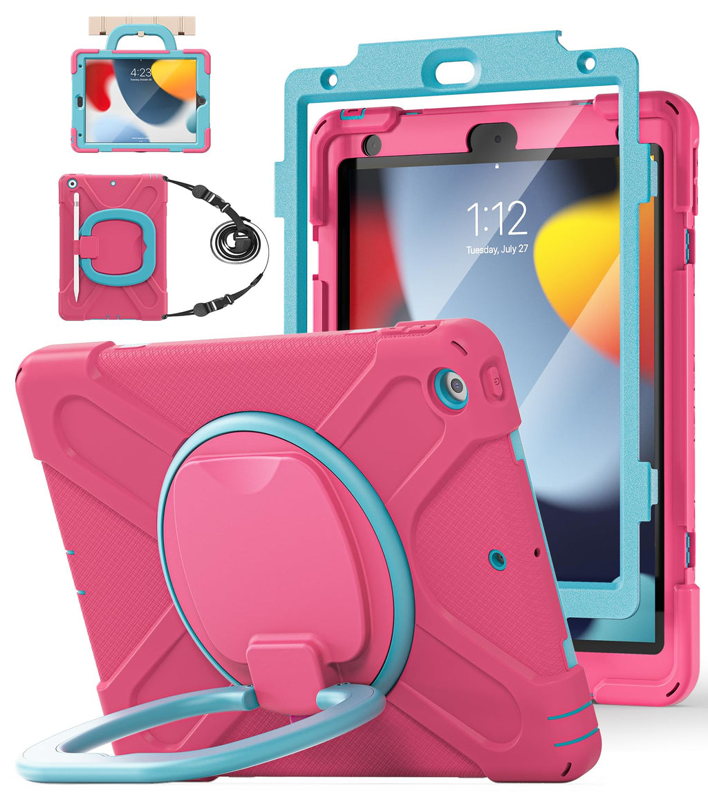 BATYUE for iPad 9th/ 8th/ 7th Generation Case (iPad 10.2 inch Rugged Case 2021/2020/2019) with Screen Protector, Rotating Stand/Pencil Holder/Carrying Shoulder Strap (Colourful Pink)