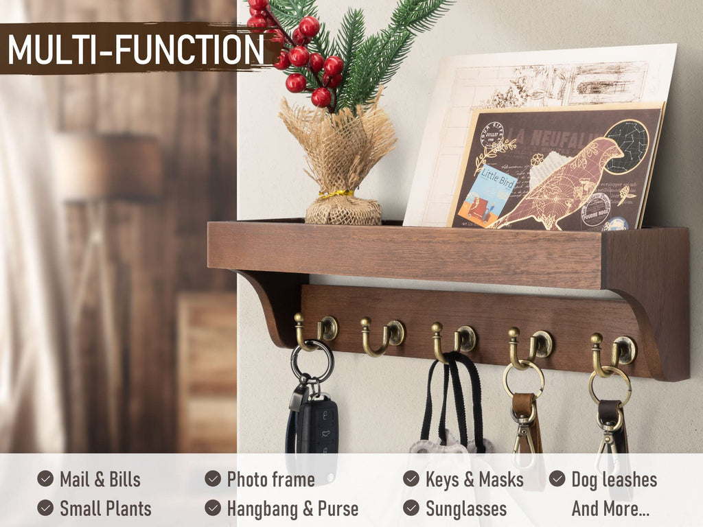 Rebee Vision Acacia Wood Farmhouse Key Holder Wall Mount for Room Decor – Retro Key Holder for Wall with Shelf for Cute Things– Stylish Home Storage for Apartment Essentials (Acacia Wood)