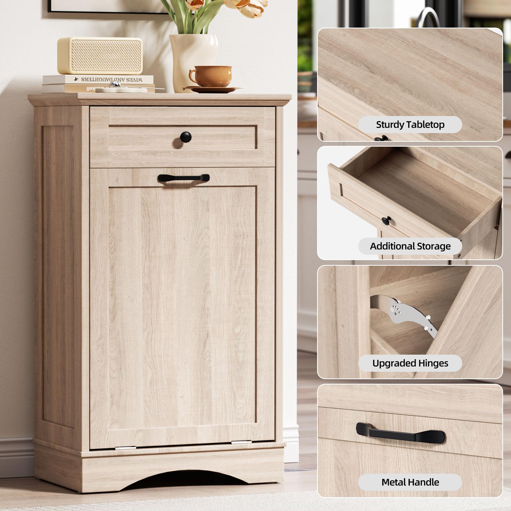 AHB Double Tilt Out Trash Can Cabinet Freestanding Kitchen Trash Can, 2x13 Gallons Hidden Garbage Recycling Cabinet with Hideaway Drawers Pet Proof Trash Can Holder for Kitchen, Antique White