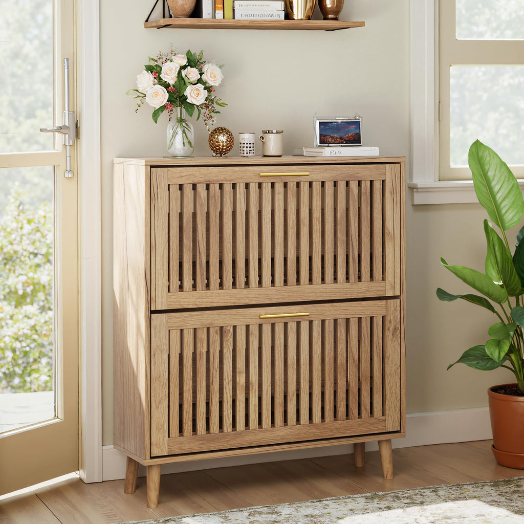 Smart FENDEE Shoe Cabinet with 2 Flip Slatted Drawers, Farmhouse Slim Shoe Organizer Rack with Golden Handles, Freestanding Hidden Entryway Storage for Hallway, Natural