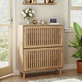 Smart FENDEE Shoe Cabinet with 2 Flip Slatted Drawers, Farmhouse Slim Shoe Organizer Rack with Golden Handles, Freestanding Hidden Entryway Storage for Hallway, Natural