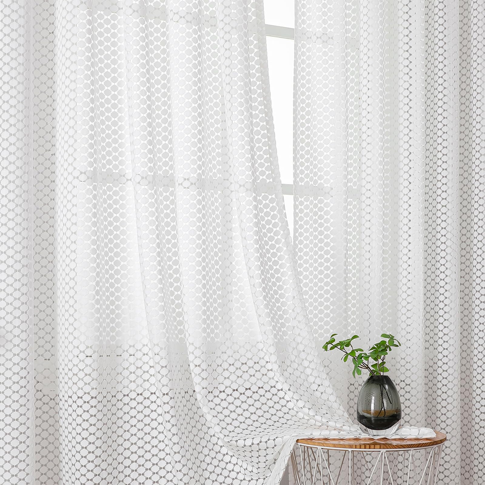 VISIONTEX Sheer Curtains 63 Inches Long 2 Panels Set, Beige and Ivory Moroccan Embroidery Texture Geometric Rod Pocket White Voile Tulle Semi Window Treatment Pair for Bedroom, W54 x L63