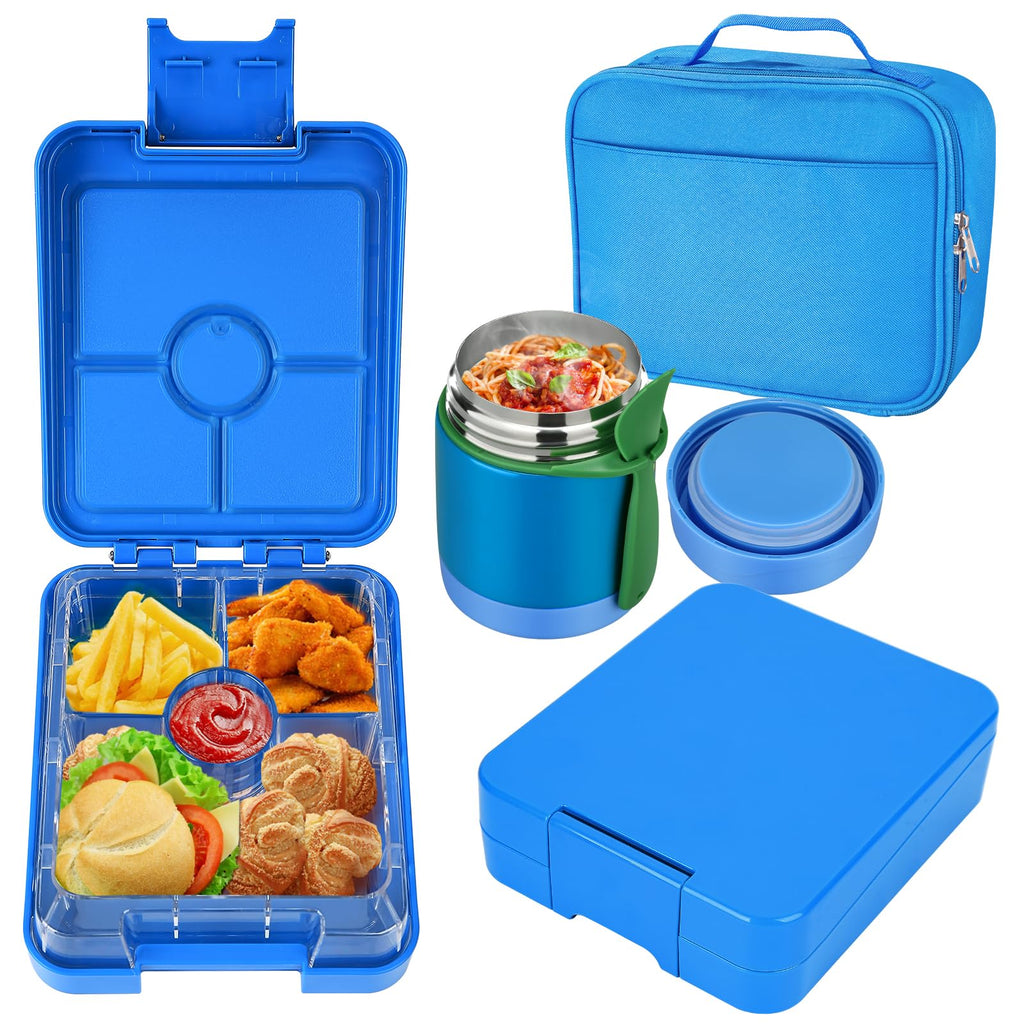 Bento Lunch Box Set for Kids with 10oz Soup Thermo, Leak-Proof Lunch Containers with 4 Compartment, Kids Thermo Hot Food Jar and Insulated Lunch Bag for Kid to School,BPA-Free(Basketball)