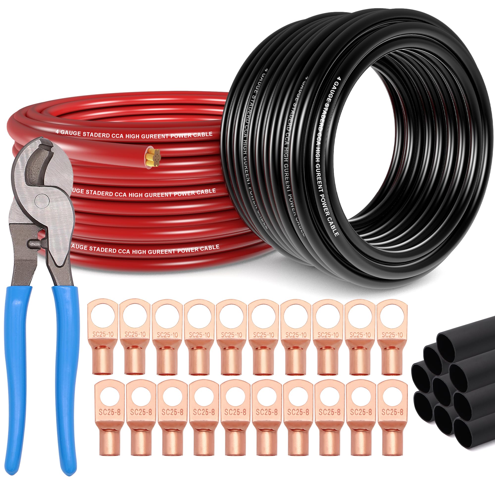 4 Gauge Wire (50ft Each - Red/Black) Copper Clad Aluminum CCA with Cable Cutter,Lugs Terminal Connectors and Heat Shrink Tube - Battery Power/Ground Cable,Car Audio Speaker,RV Trailer Amp Wiring kit