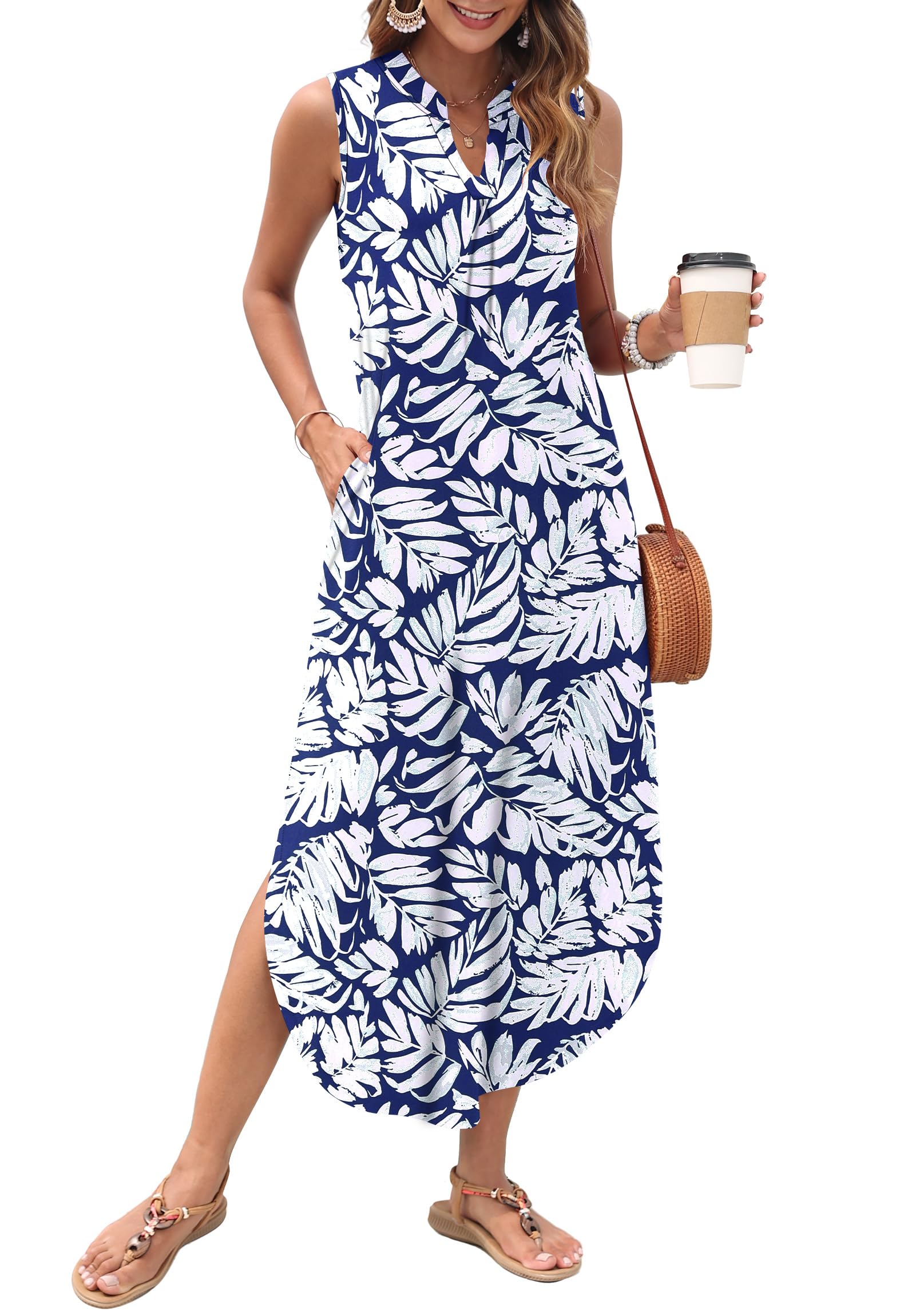 AUSELILY Womens Summer Casual Maxi Dresses 2026 Sleeveless Long Beach Dresses V Neck Loose Sundresses with Side Split Pockets