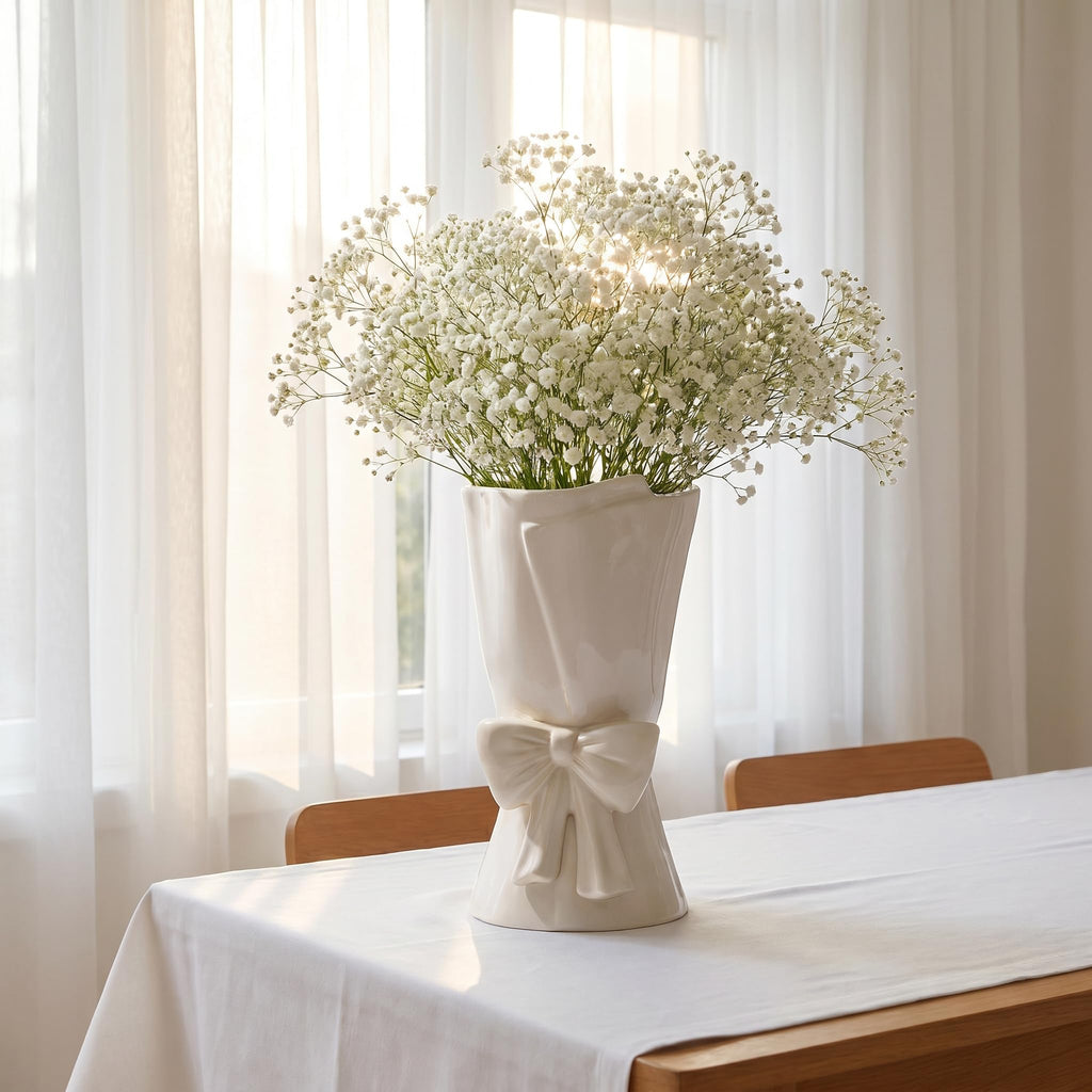 Relexome Beige Ceramic Bow Vase 9.64 in Unique Cute Modern Decorative Bouquet Flower Vases for Home Living Room Table Decor Women Girl Gifts