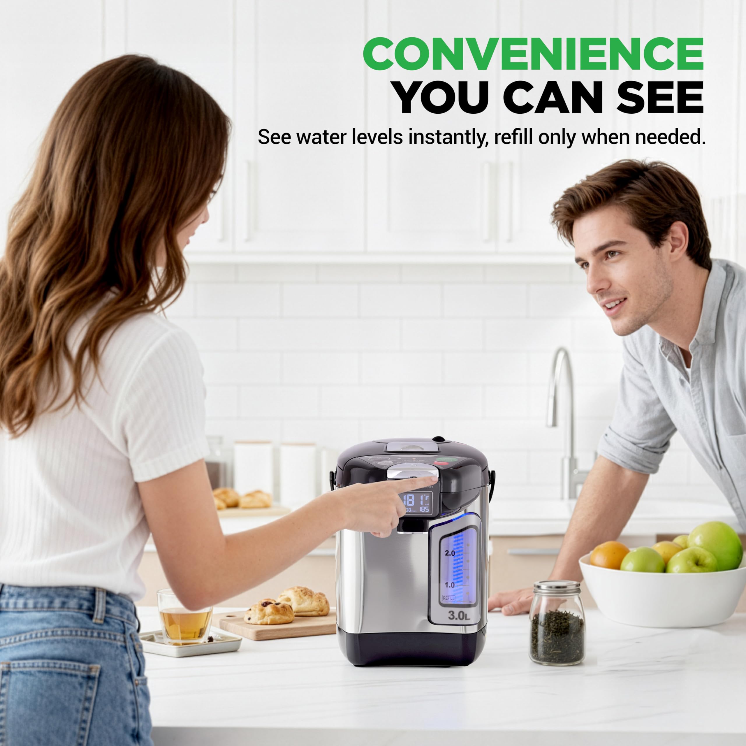 NutriChef Digital Water Boiler and Warmer - 3L/3.17 Qt Stainless Electric Hot Water Dispenser w/ LCD Display, Rotating Base, Keep Warm, Auto Shut Off, Safety Lock, Instant Heating for Coffee & Tea