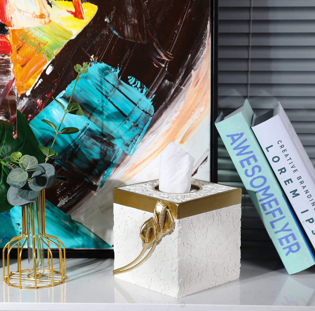 Hymmah Square Tissue Box Cover Holder with Tray,Unique Cube Design Tissue Dispenser Cover Decor for Vanity Counter Tops Also Great for Bedroom and Living Room