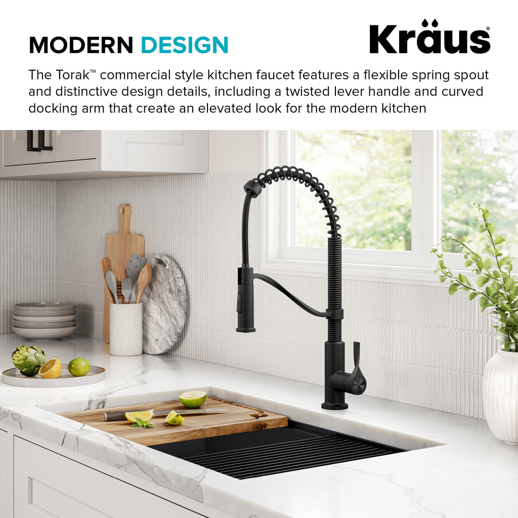 KRAUS Torak Pull Down Kitchen Faucet in Matte Black with Commercial Style Spring Spout, 2 Function Sprayer, Pre-Attached Water Lines, and Mounting Hardware, KPF-2635MB