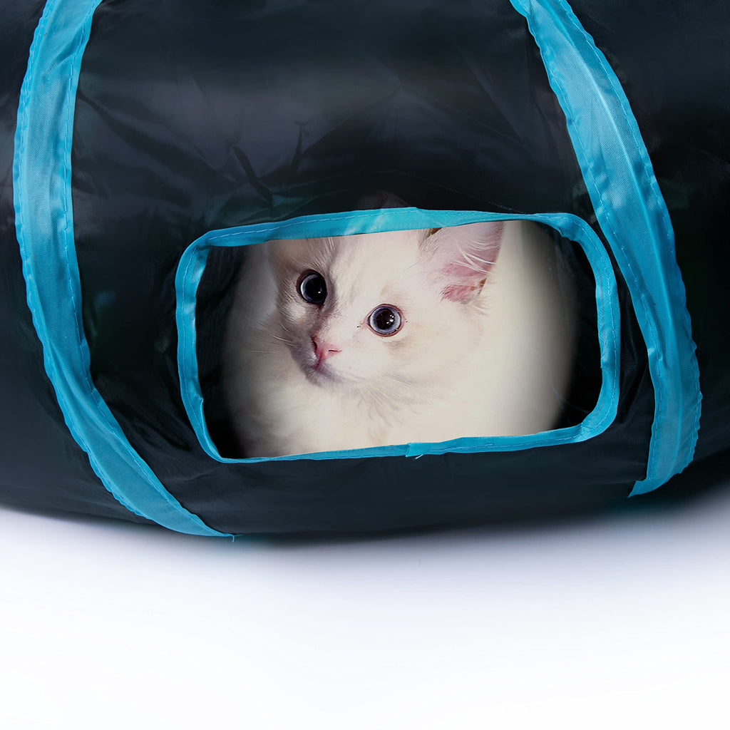 Sheldamy Cat Tunnel, 2-Way Collapsible Play Tunnel, Interactive Toy Maze for Small Animals, Suitable for Kittens, Puppies, Rabbits, Ferrets, Blue & Black