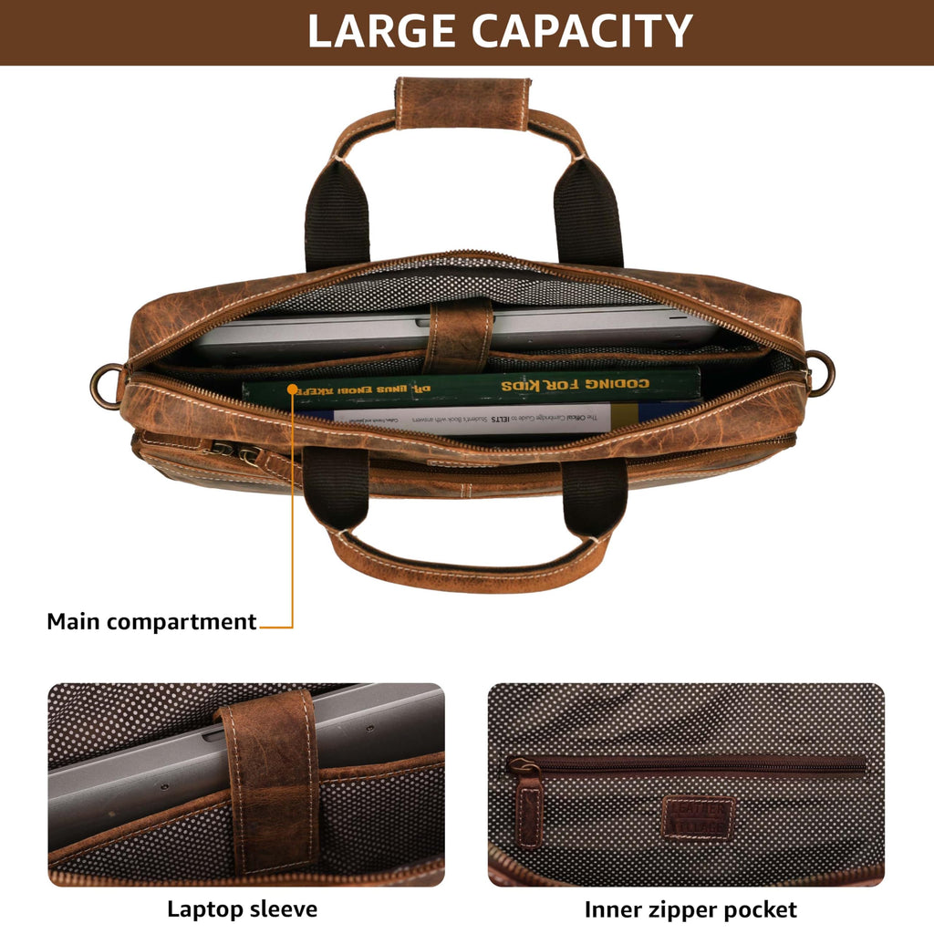 LEATHER VILLAGE 16" Leather Laptop Messenger Briefcase Bag for Men-Leather Satchel for Travel and Office Shoulder Bag-Black
