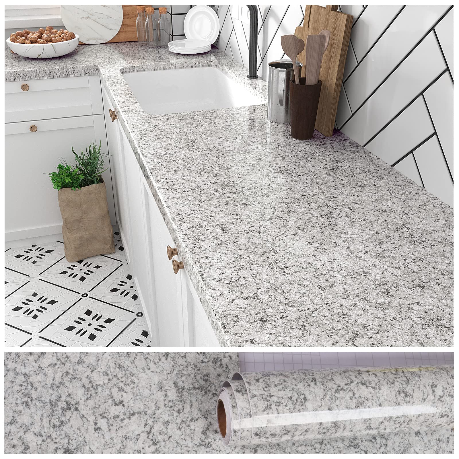 VEELIKE 15.7''x118'' Granite Contact Paper for Countertops Waterproof Self Adhesive Granite Wallpaper Peel and Stick Countertops for Kitchen Bathroom Counter Top Removable Decorative Vinyl Film