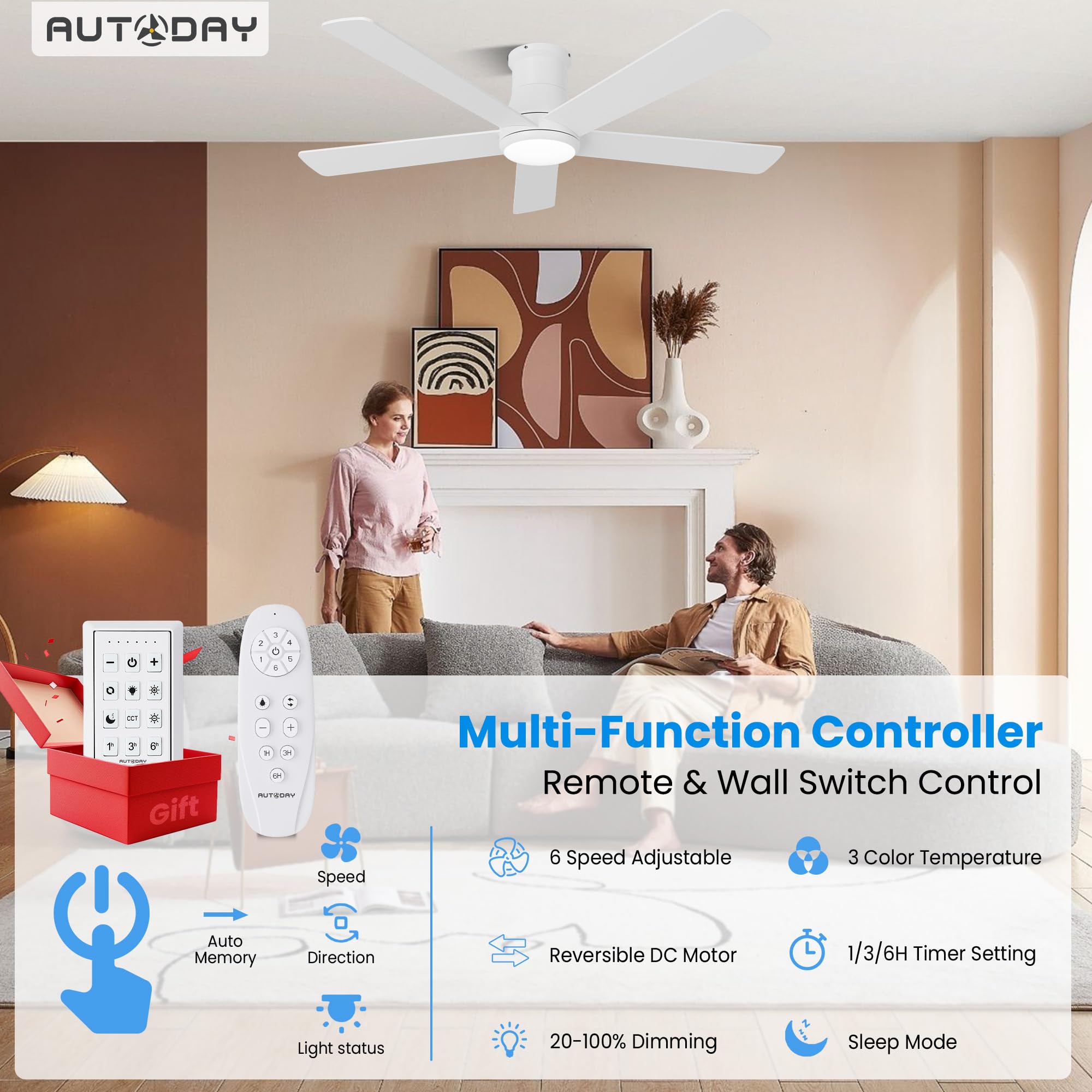 42 Inch Low Profile Ceiling Fan with Light, White Ceiling Fans with Lights and Remote, Flush Mount, 6 Speeds Reversible Quiet DC, 3CCT Dimmable, Indoor Outdoor Ceiling Fans for Patios Bedroom