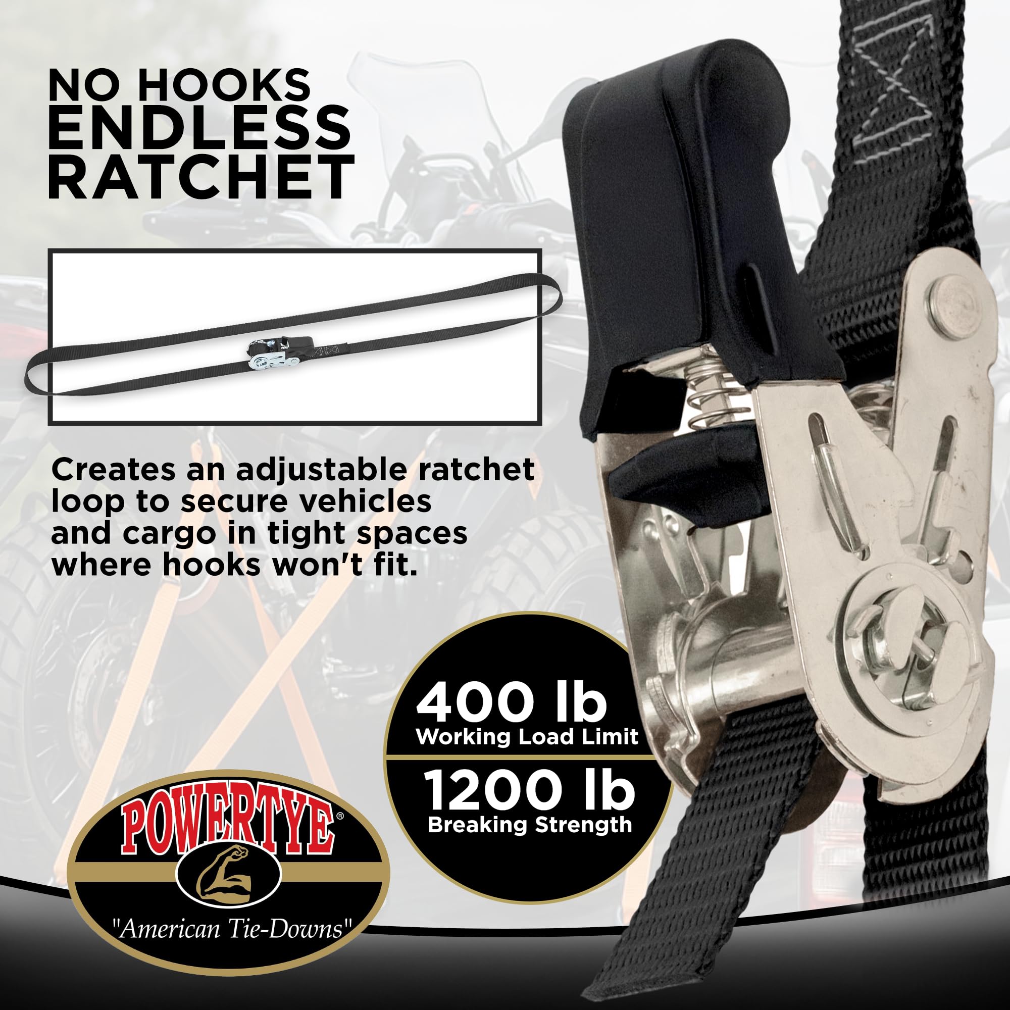 PowerTye 1in x 4ft Easy-Grip Light-Duty Endless Ratchet (no Hooks) - 400 lb. Working Load Limit / 1,200 lb. Breaking Strength - Black 2-Pack