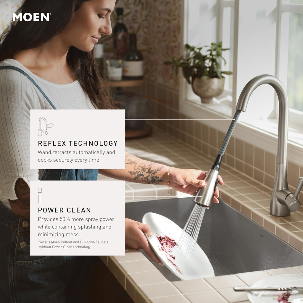 Moen Haelyn Pulldown Kitchen Faucet with Power Boost, 87627 | Pulldown sprayer, Power Boost technology, Soap dispenser included, Chrome finish, High arc faucet