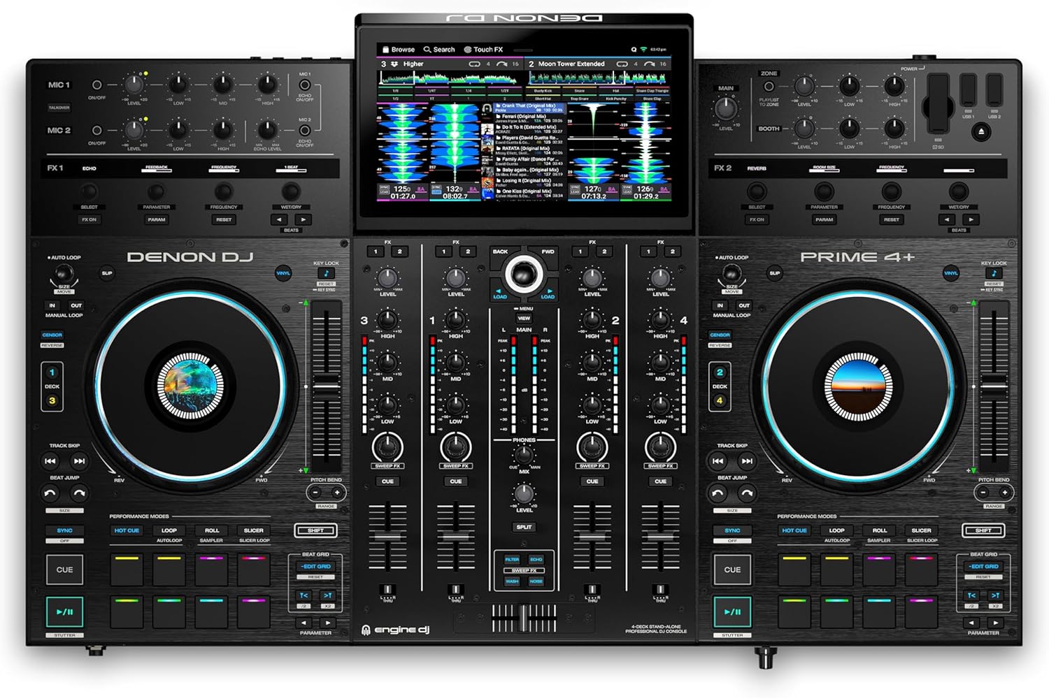 Denon DJ PRIME 4+ Standalone DJ Controller with Stem Separation on 4 Decks, Wi-Fi Streaming, Drop Sampler Mixer, 10.1" Touchscreen, Light Control
