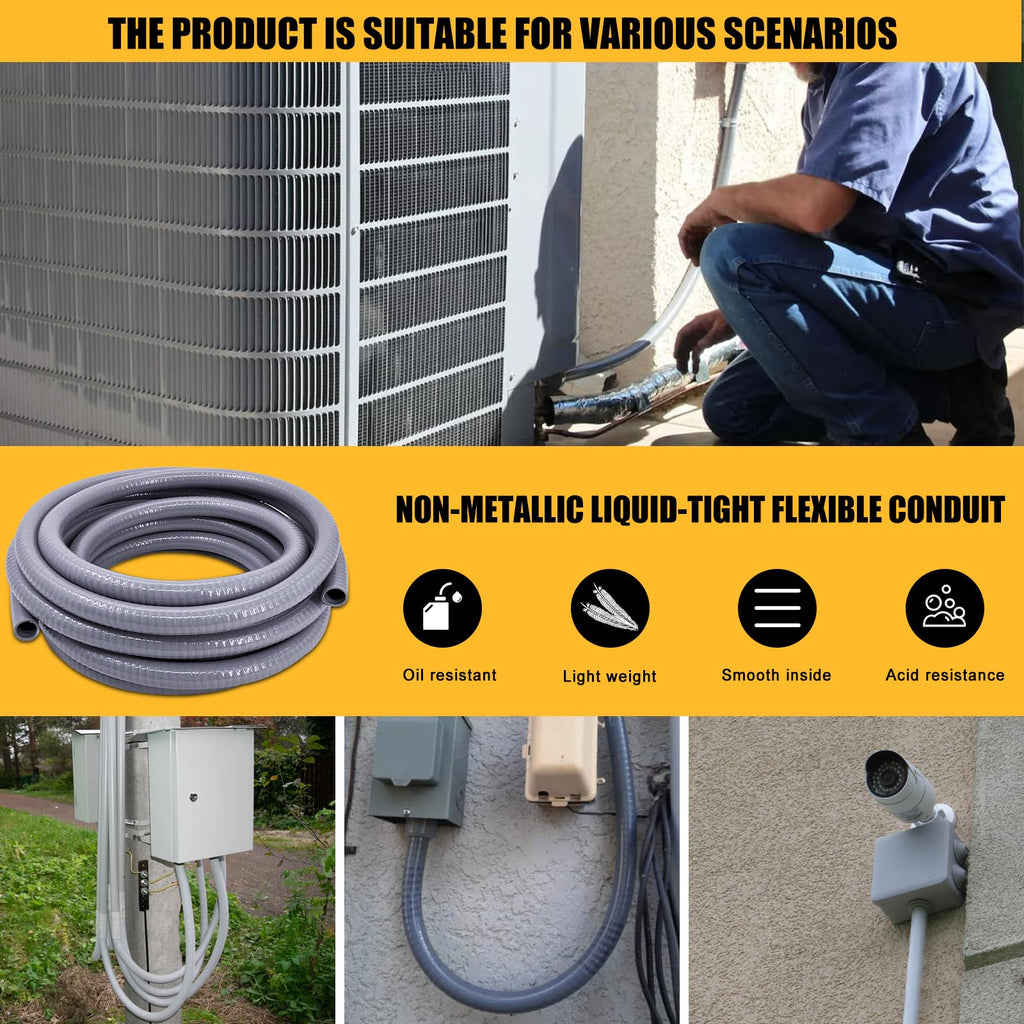 Liquid-Tight Conduit, 1-1/4 inch 25 Foot Flexible Non Metallic Electrical Conduit and Connector Kit,With 4 Straight and 2 Angle Fittings