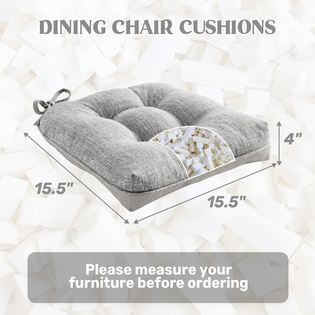 puredown® Chair Cushions for Dining Chairs, Tufted Memory Foam Chair Pads with Non-Slip Backing, Kitchen Seat Cushions with Ties, Washable Seat Pad Set of 4, 15.5" x 15.5" x 4", Light Grey