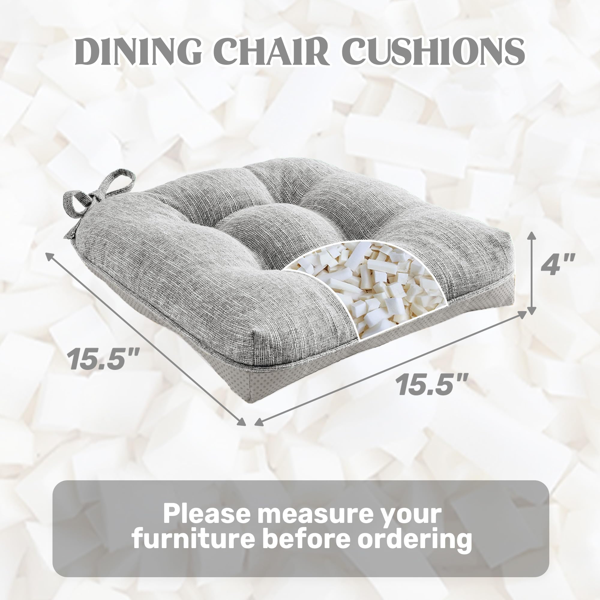 puredown® Chair Cushions for Dining Chairs, Tufted Memory Foam Chair Pads with Non-Slip Backing, Kitchen Seat Cushions with Ties, Washable Seat Pad Set of 4, 15.5" x 15.5" x 4", Light Grey