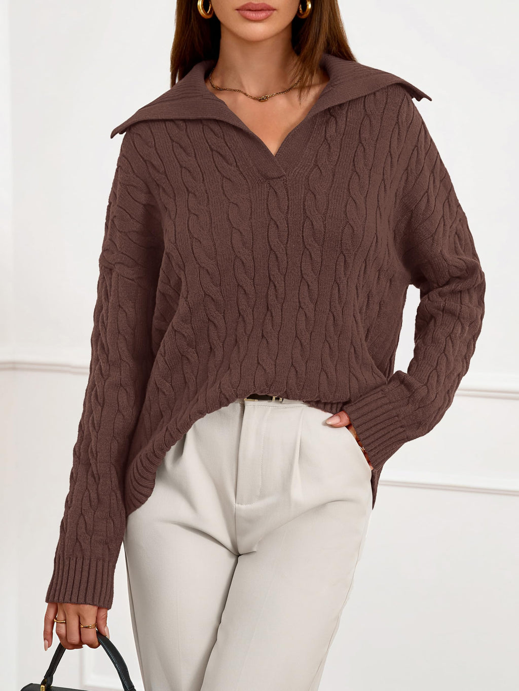 PRETTYGARDEN Spring Cable Knit Oversized Sweaters for Women 2026 Polo V Neck Long Sleeve Casual Chunky Sweater Pullover Tops