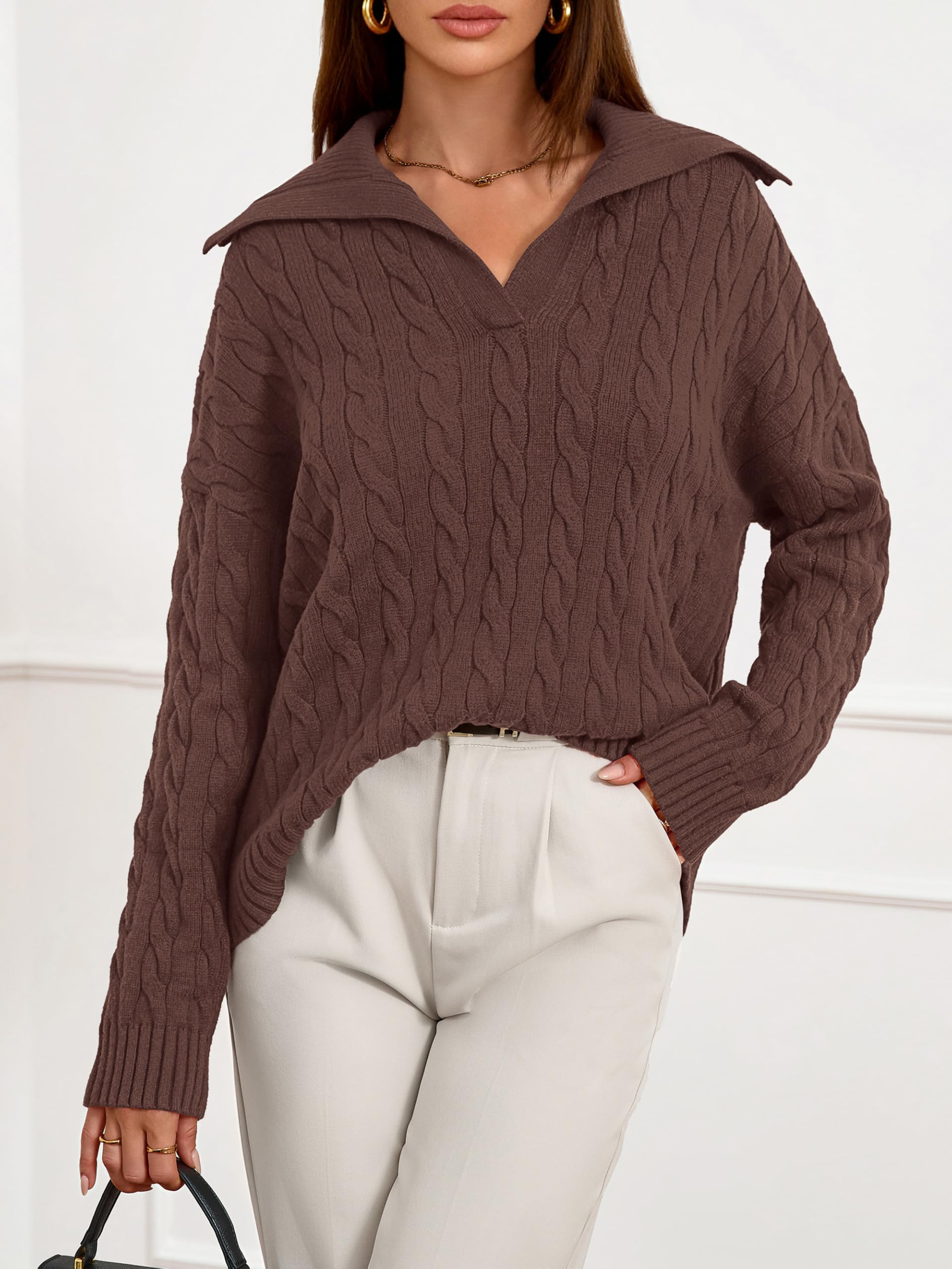PRETTYGARDEN Spring Cable Knit Oversized Sweaters for Women 2026 Polo V Neck Long Sleeve Casual Chunky Sweater Pullover Tops