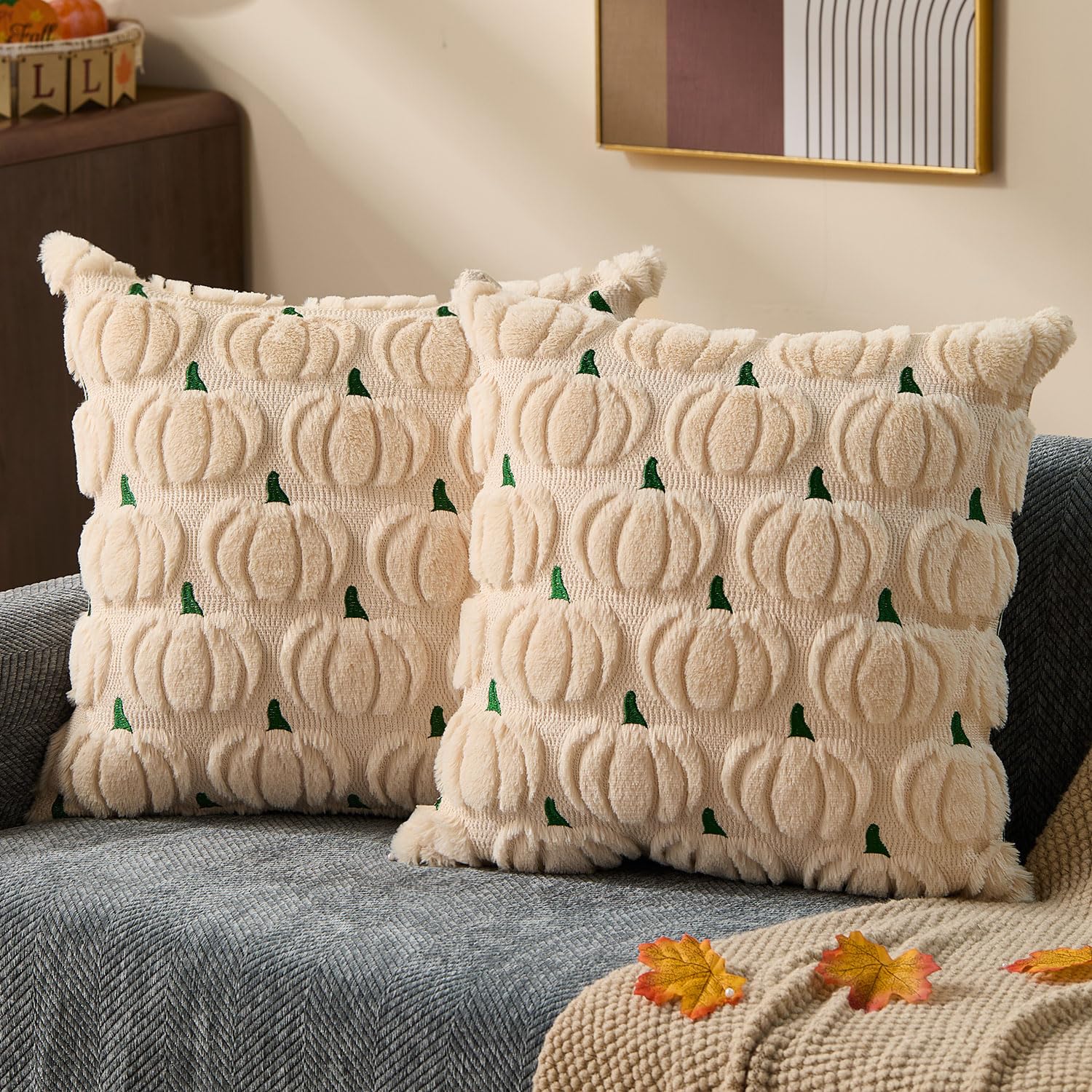 DFXSZ Fall Pillow Covers 16x16 Set of 2 Fall Decorations Autumn Beige Pumpkin Throw Pillow Cases Soft Plush Faux Fur Wool Couch Cushion Case for Chair Sofa Bedroom Living Room Home Decor PTK02B16