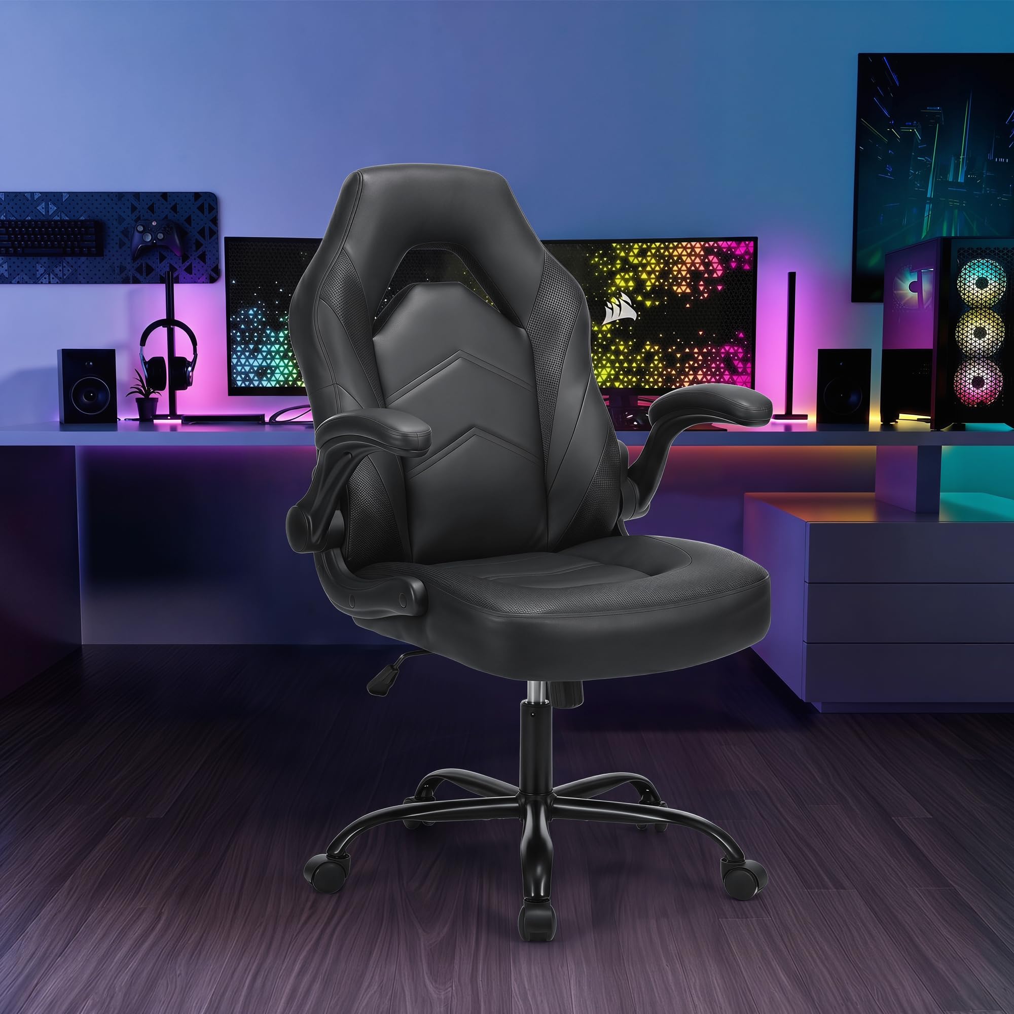 OLIXIS Computer Gaming Desk Chair - Ergonomic Video Game with Comfy Lumbar Support and headrest, PU Leather with Flip-up Arms, Adjustable Height and Swivel Wheels, for Adults, Black