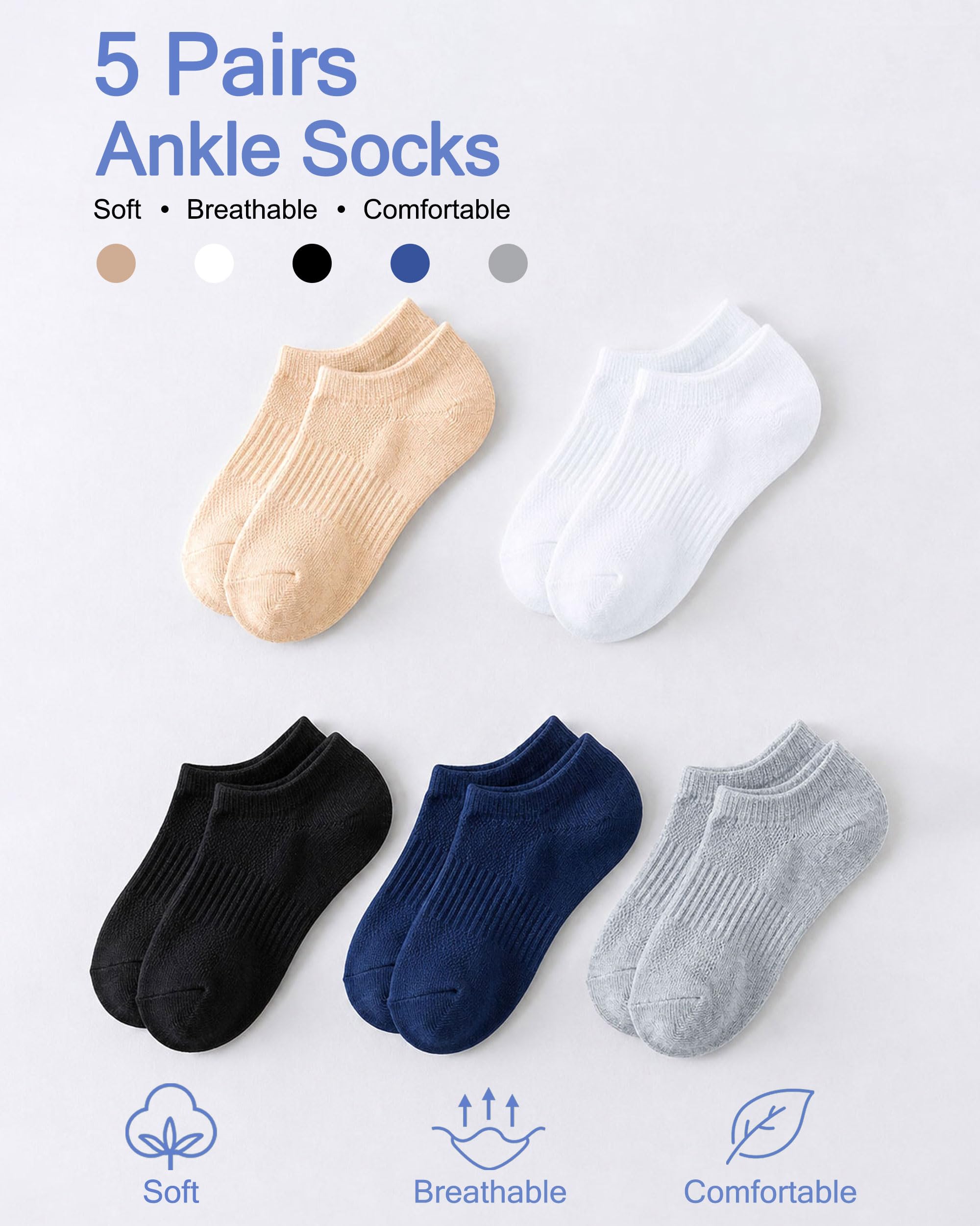 No Show Cotton Socks for Girls and Boys - Low Cut, Breathable, Non-Slip Short Socks for Kids - 5/10 Pairs