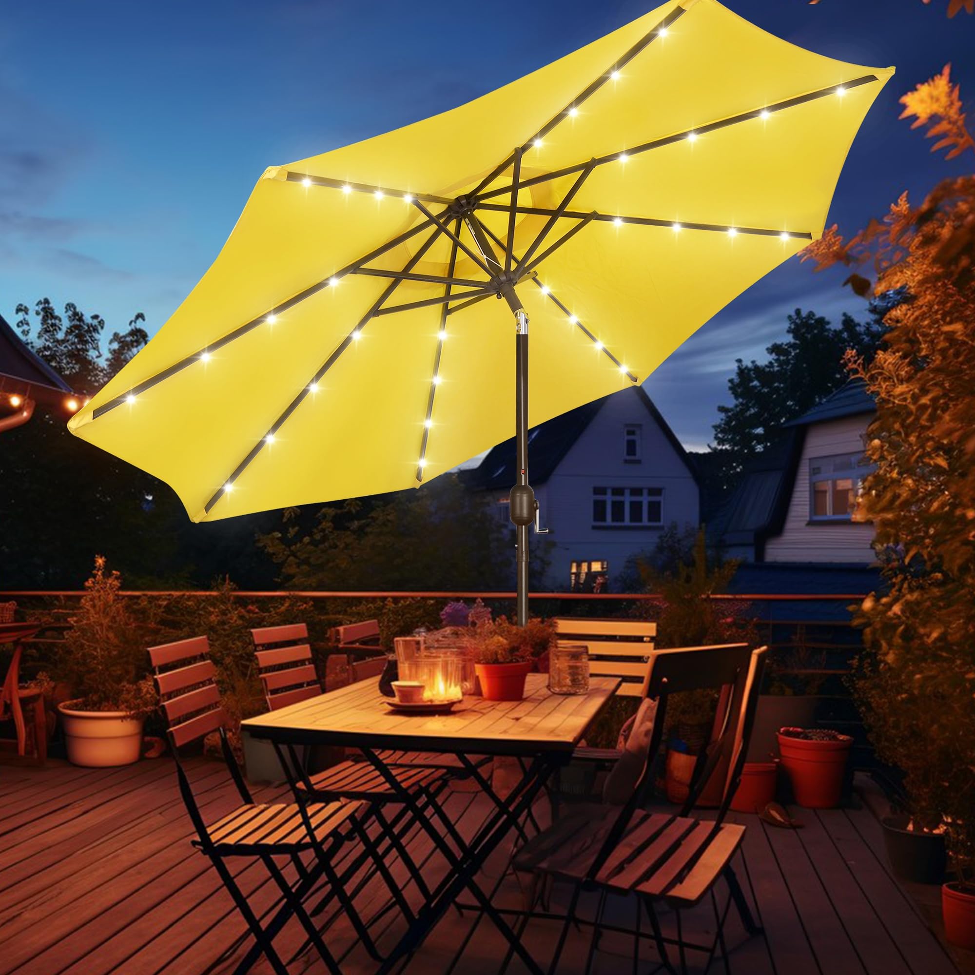 Blissun 9 ft Solar Umbrella, 32 LED Lighted Patio Umbrella, Table Market Umbrella, Outdoor Umbrella for Garden, Deck, Backyard, Pool and Beach (Light Blue)