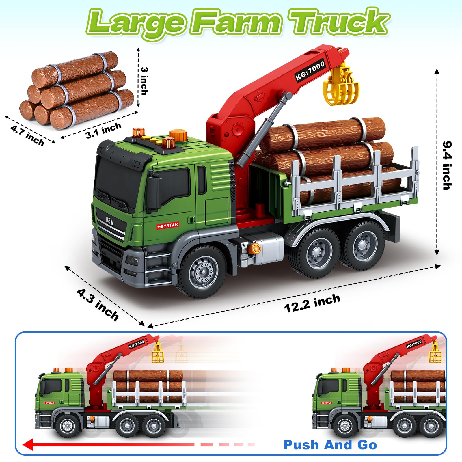 Bstoyder Kids Toys for 3 4 5 6 7 8 Years Old Boys, 15" Crane Truck Toy with Lights, Sounds, Toddler Friction Powered Truck Vehicle Toy for Boys Girls Birthday Gifts