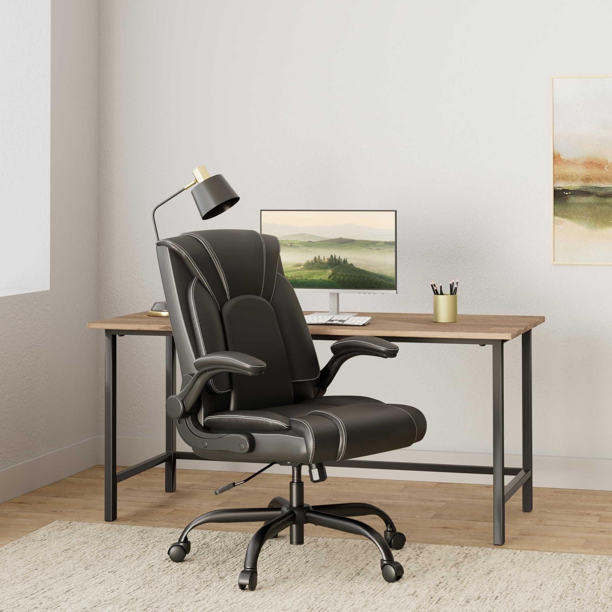 OUTFINE Office Chair Executive Office Chair Desk Chair Computer Chair with 5-Year hydrolysis-Resistant Leather Spring Cushion Ergonomic Support Tilting Function Upholstered in Bonded Leather Black