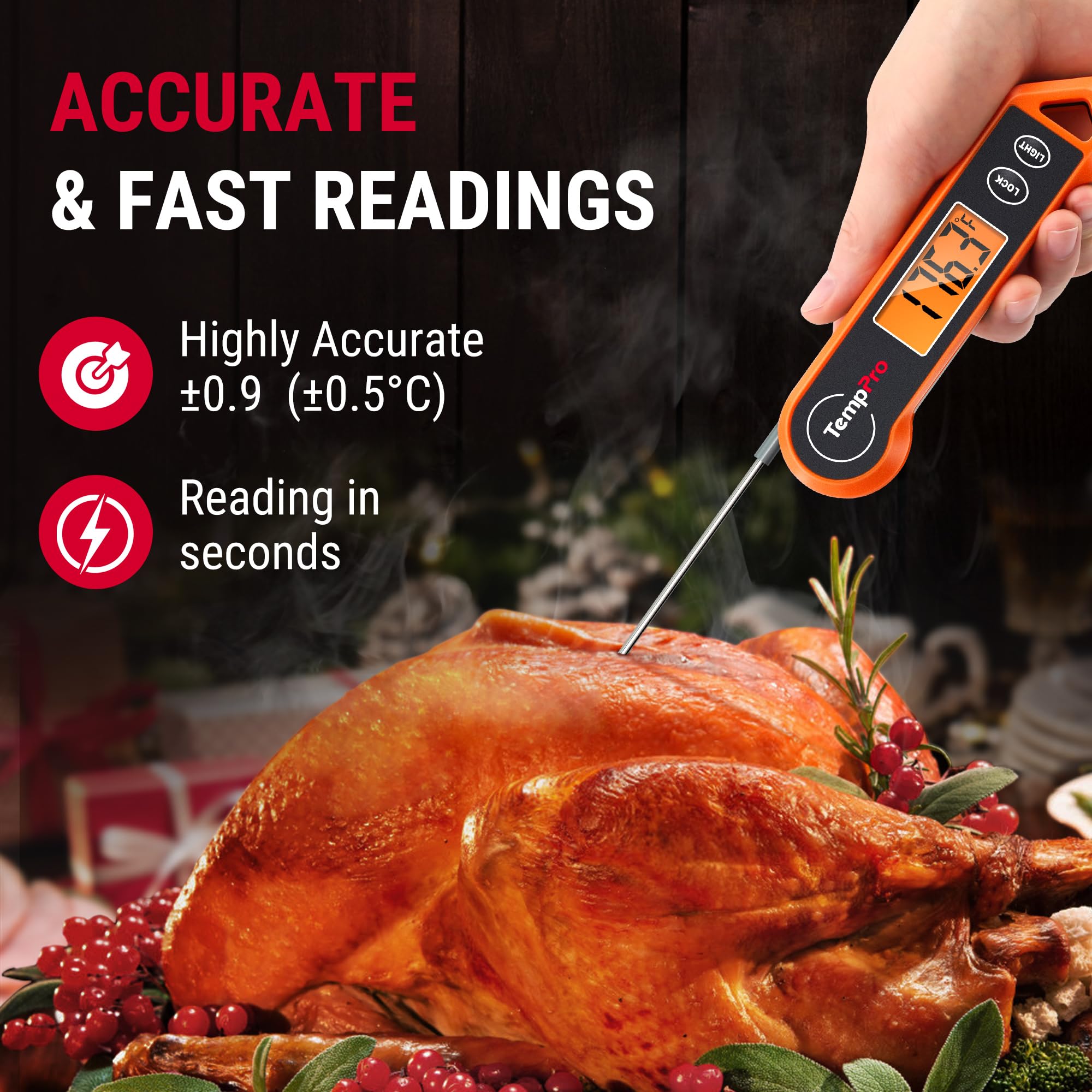 TempPro TP19H Digital Meat Thermometer for Cooking, 1 Sec Instant Read Food Thermometer with Motion-Sensing Wake for BBQ Grill Oil Fry Candy for Fathers Day Gift for Dad Men (Previously ThermoPro)